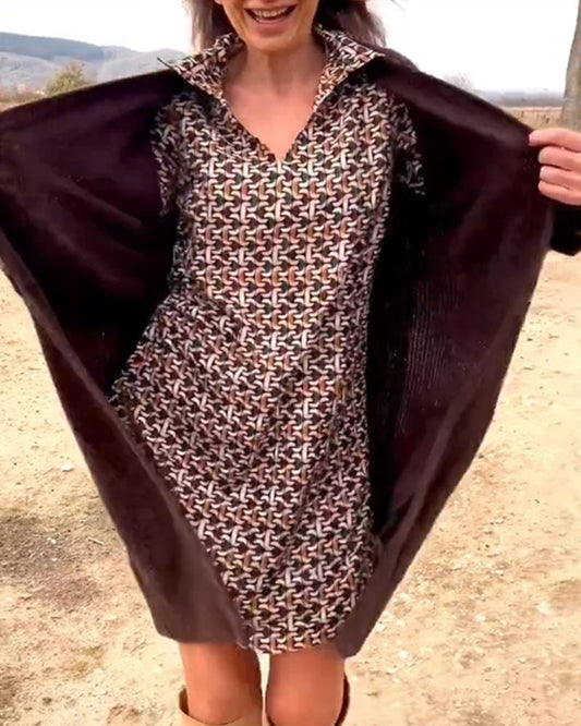 Printed lapel long sleeve dress