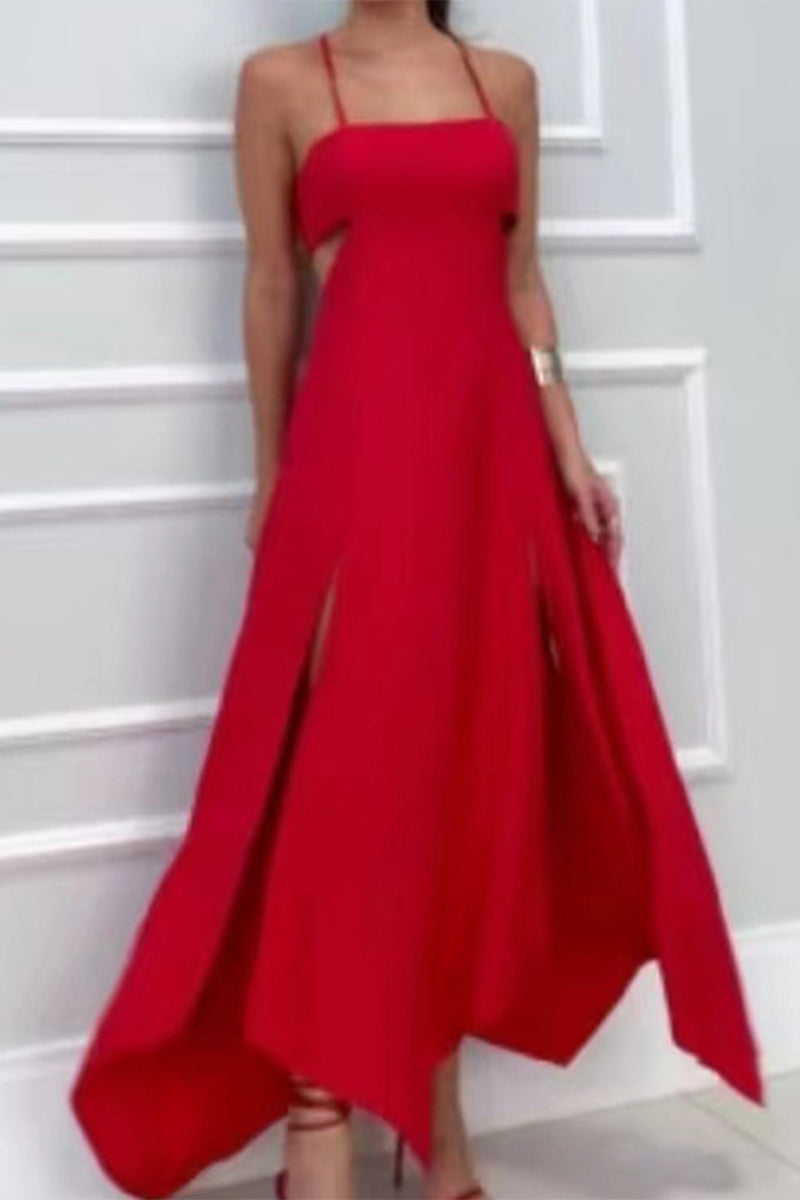 Sexy Vacation Solid Backless Slit Strap Design Dresses