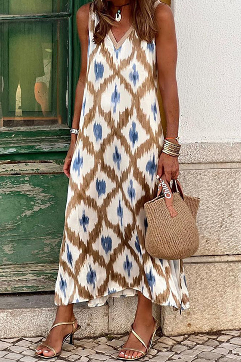 Casual Geometric Print Patchwork V Neck Sling Dresses