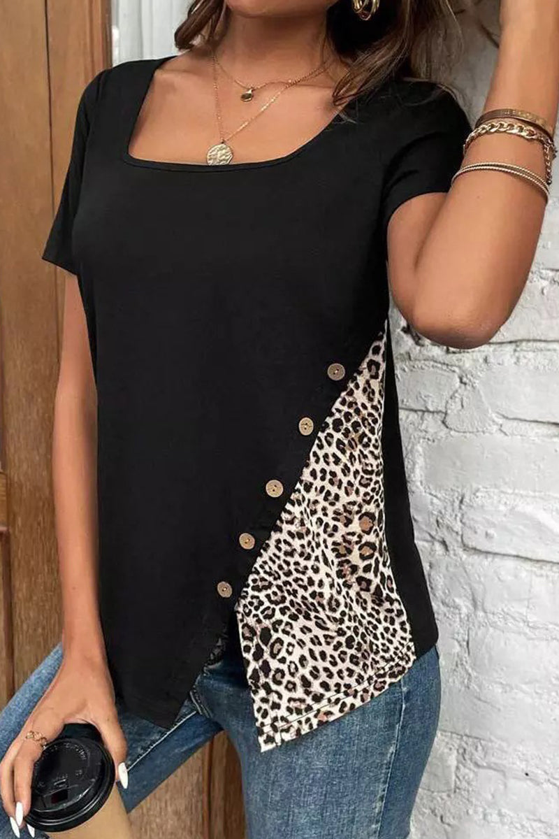 Casual Leopard Patchwork Buttons Square Collar T-Shirts