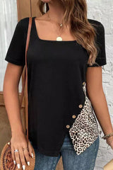 Casual Leopard Patchwork Buttons Square Collar T-Shirts