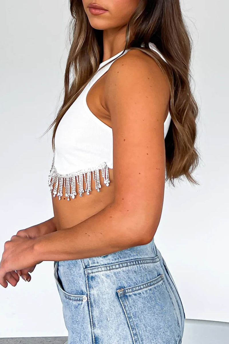 Sexy Solid Tassel Beaded O Neck Tops