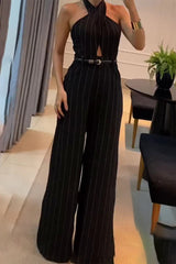 Casual British Style Striped Print Hollowed Out Backless Halter Regular Jumpsuits