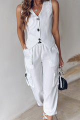 Casual British Style Striped Draw String Pocket Buckle V Neck Sleeveless Two Pieces