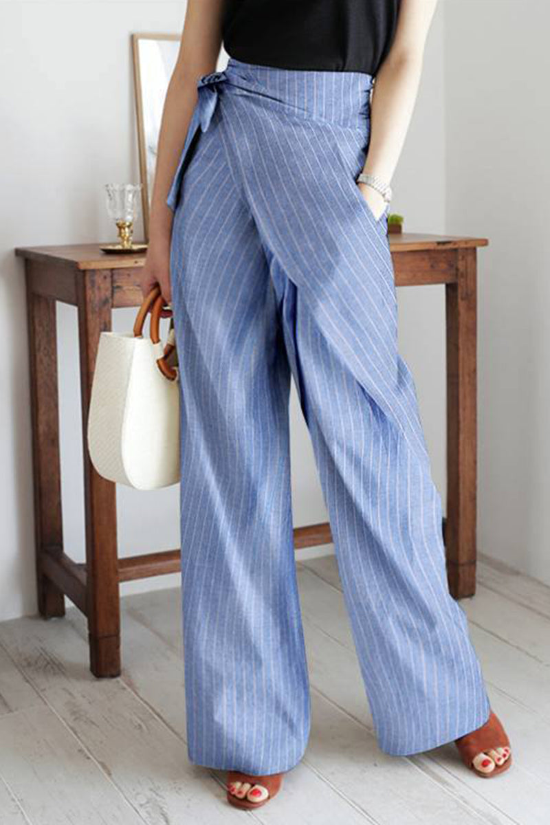 Casual British Style Striped Pocket Frenulum High Waist Wide Leg Full Print Bottoms