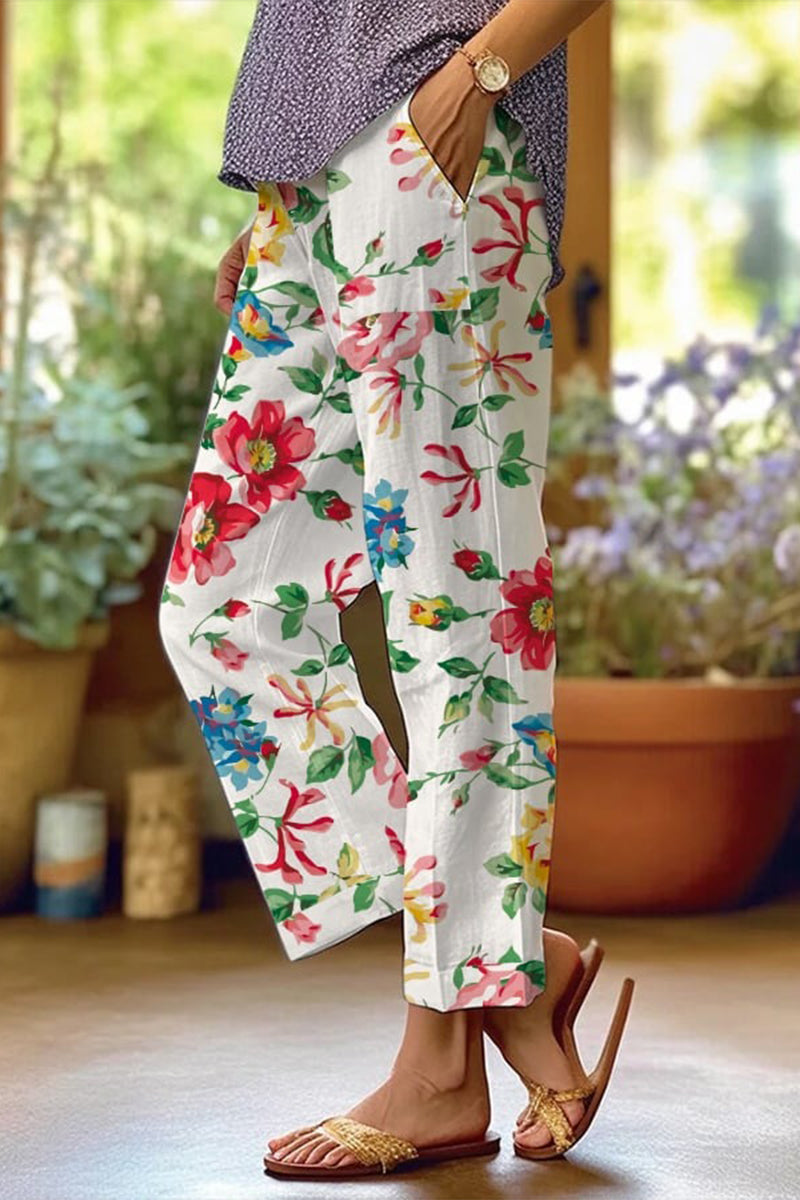 Casual Floral Patchwork Loose Mid Waist Straight Full Print Bottoms