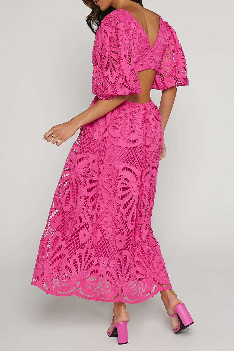 Sexy Solid Lace Embroidered Hollowed Out V Neck A Line Dresses