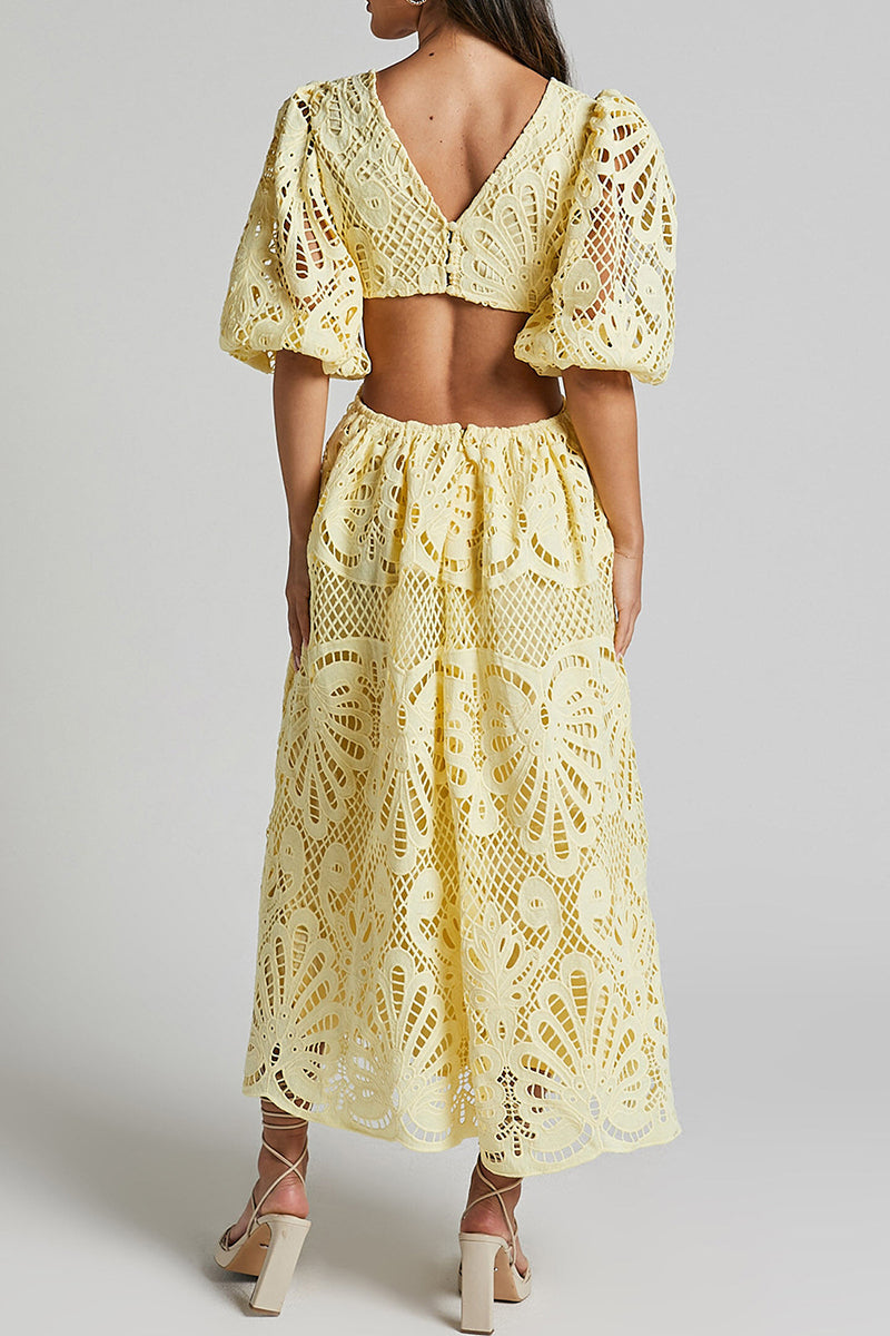 Sexy Solid Lace Embroidered Hollowed Out V Neck A Line Dresses