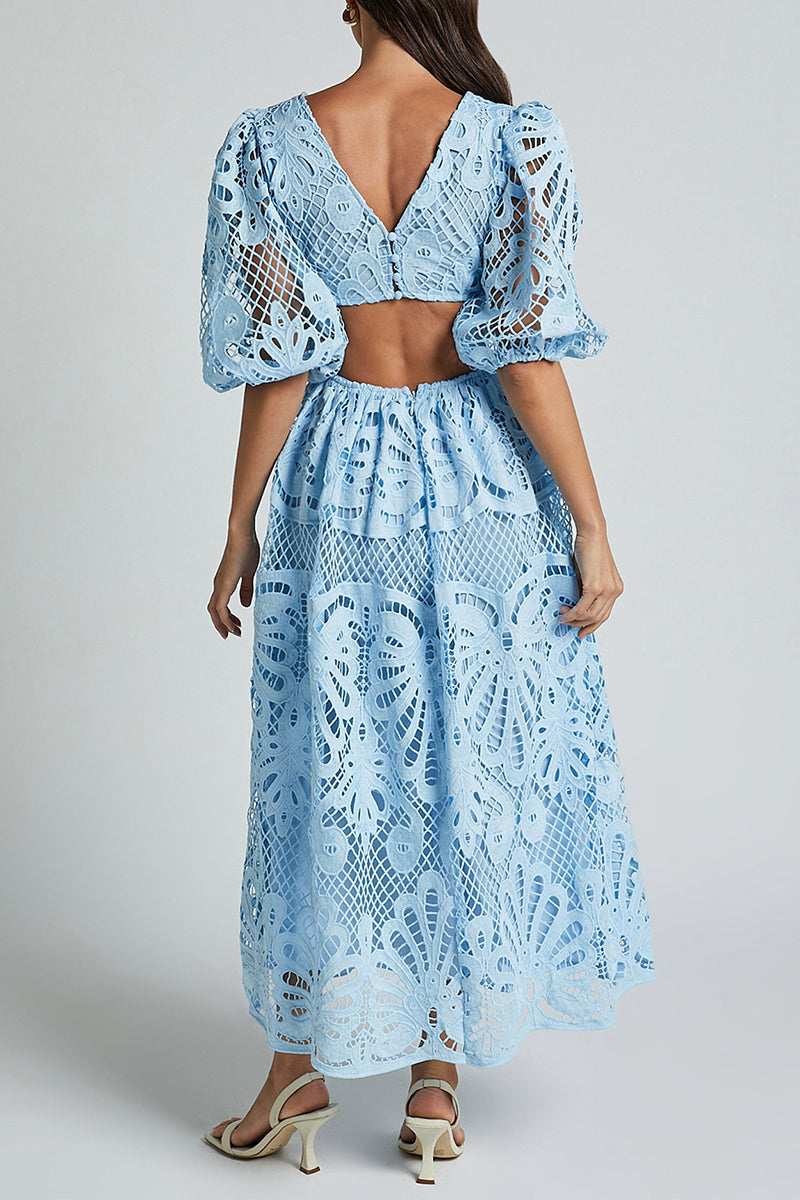 Sexy Solid Lace Embroidered Hollowed Out V Neck A Line Dresses