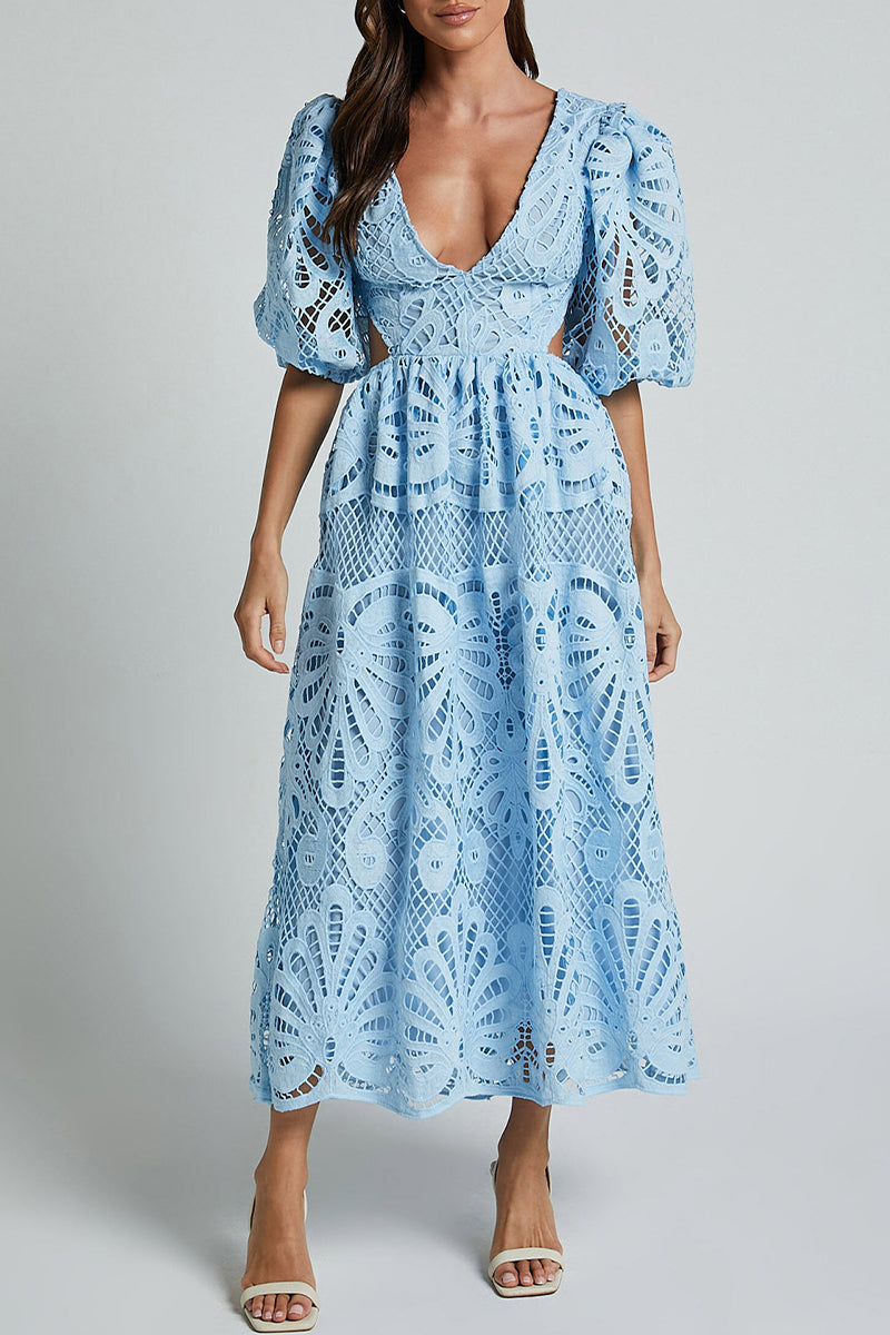 Sexy Solid Lace Embroidered Hollowed Out V Neck A Line Dresses
