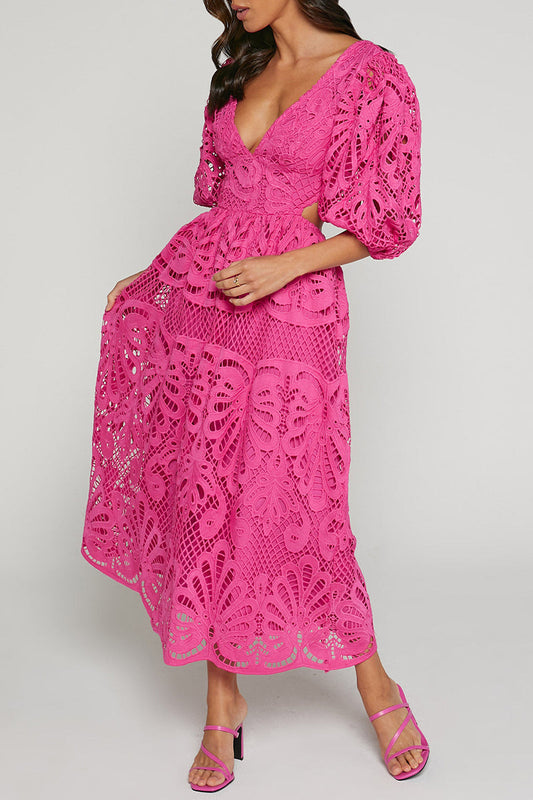 Sexy Solid Lace Embroidered Hollowed Out V Neck A Line Dresses