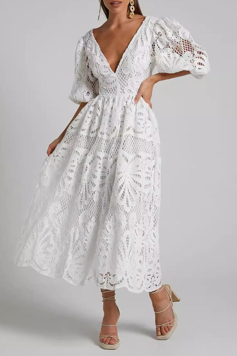 Sexy Solid Lace Embroidered Hollowed Out V Neck A Line Dresses