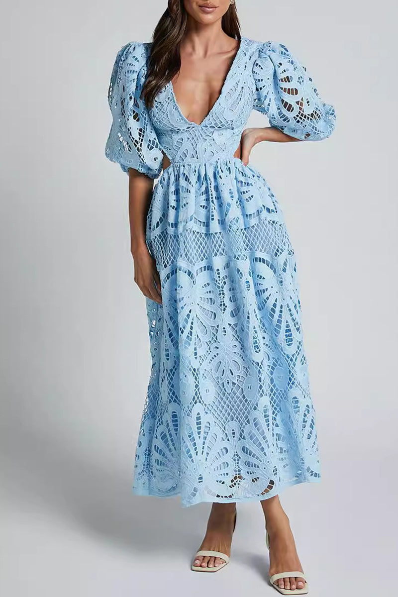 Sexy Solid Lace Embroidered Hollowed Out V Neck A Line Dresses