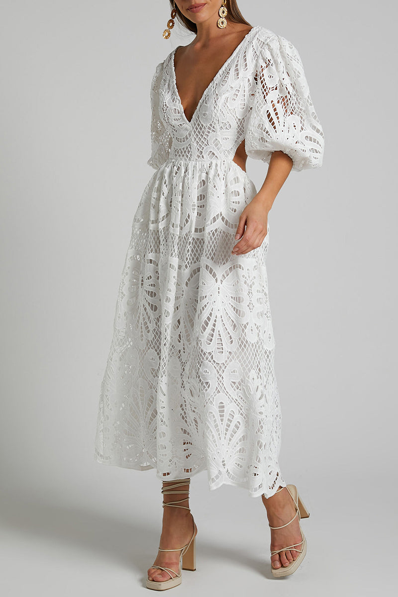 Sexy Solid Lace Embroidered Hollowed Out V Neck A Line Dresses