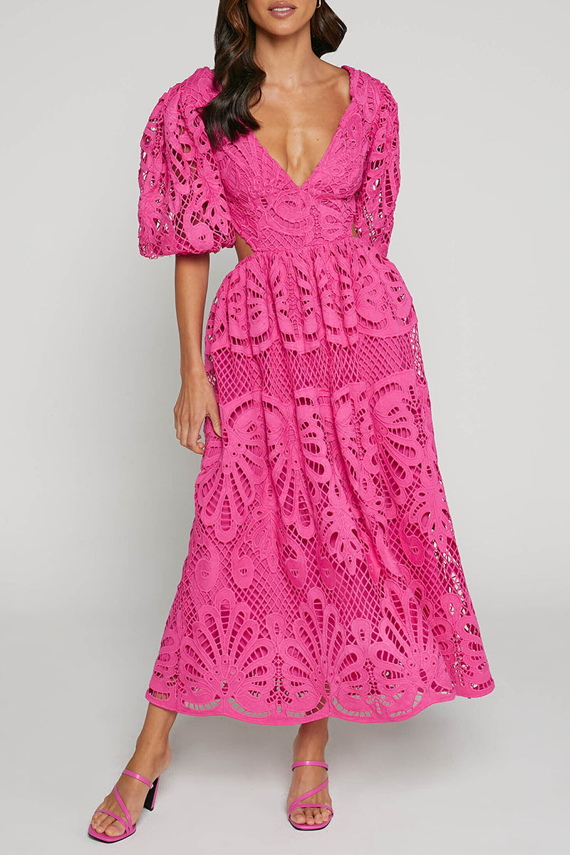 Sexy Solid Lace Embroidered Hollowed Out V Neck A Line Dresses