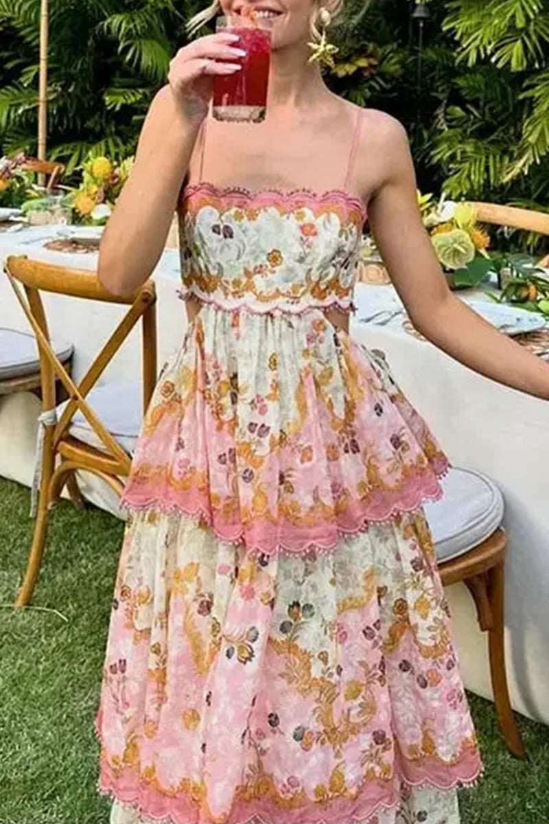 Casual Floral Print Ruffle Strapless Cake Skirt Dresses