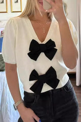 Casual Daily Solid Color Bow Decor V Neck Tops