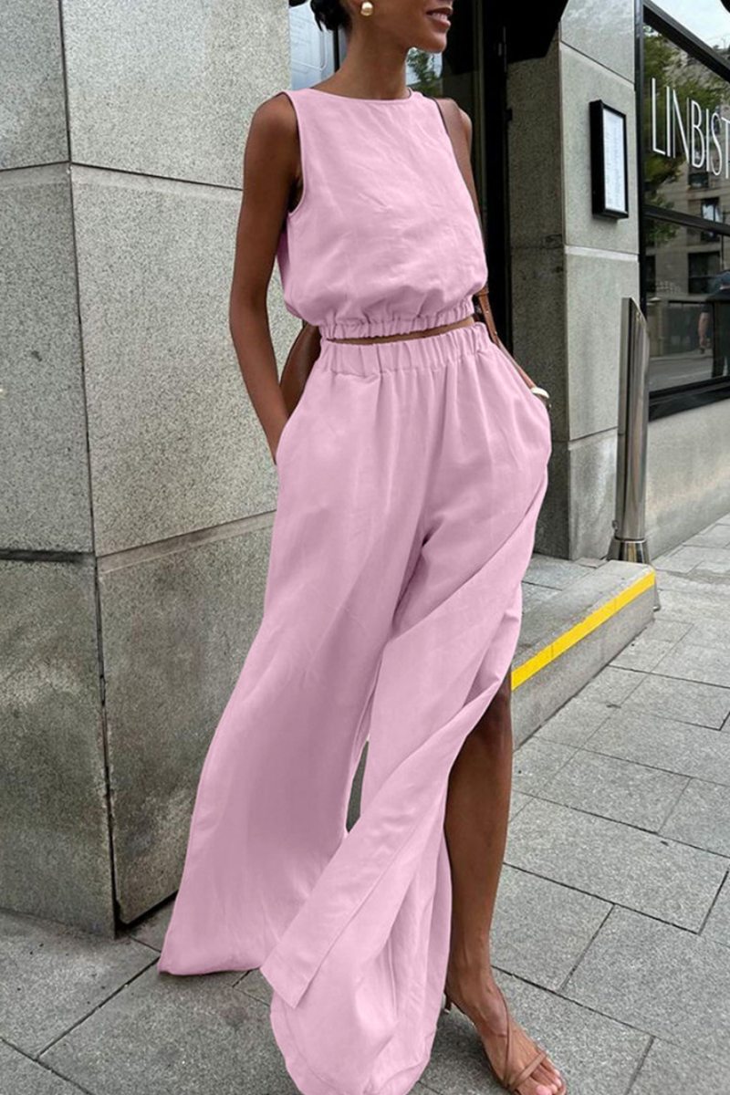 Casual Solid Color Slit O Neck Sleeveless Two Pieces