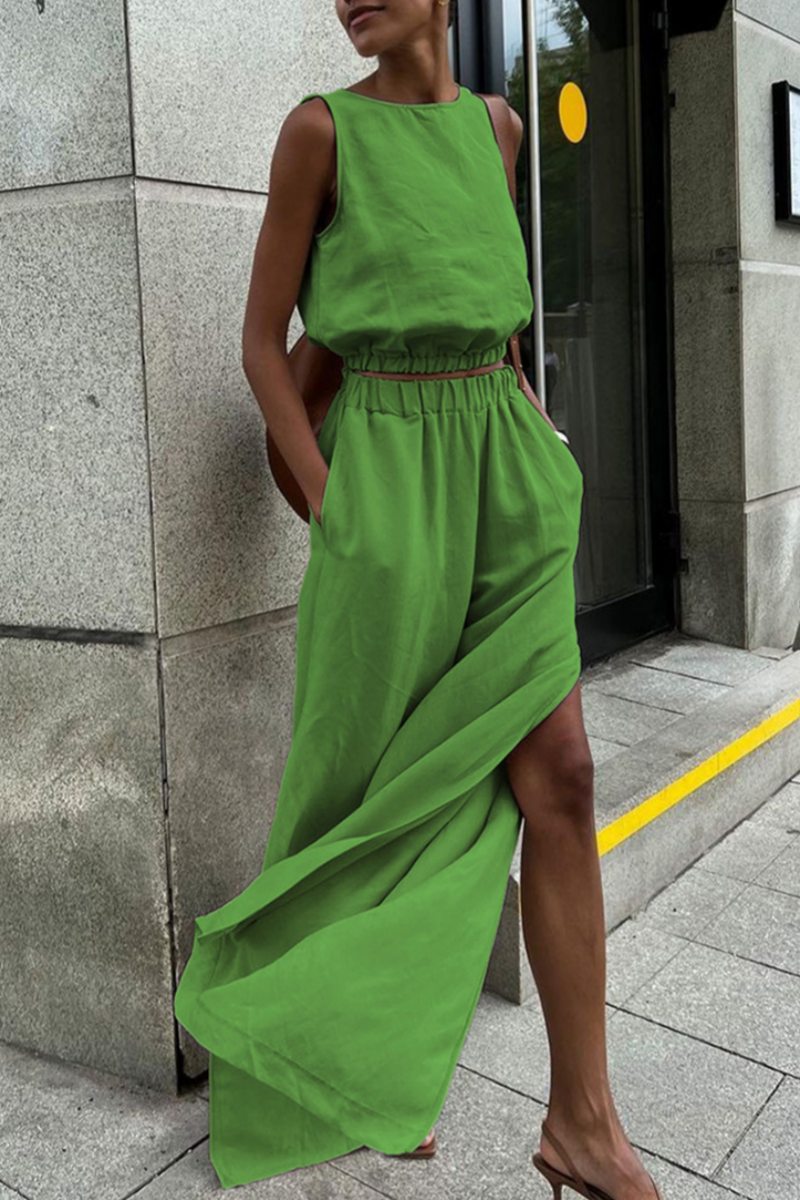 Casual Solid Color Slit O Neck Sleeveless Two Pieces