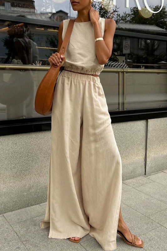 Casual Solid Color Slit O Neck Sleeveless Two Pieces