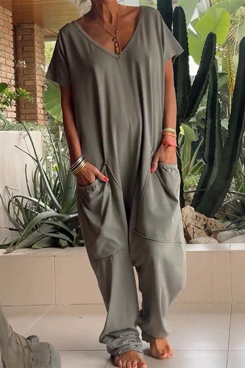 Casual Daily Solid Color Pocket V Neck Loose Jumpsuits