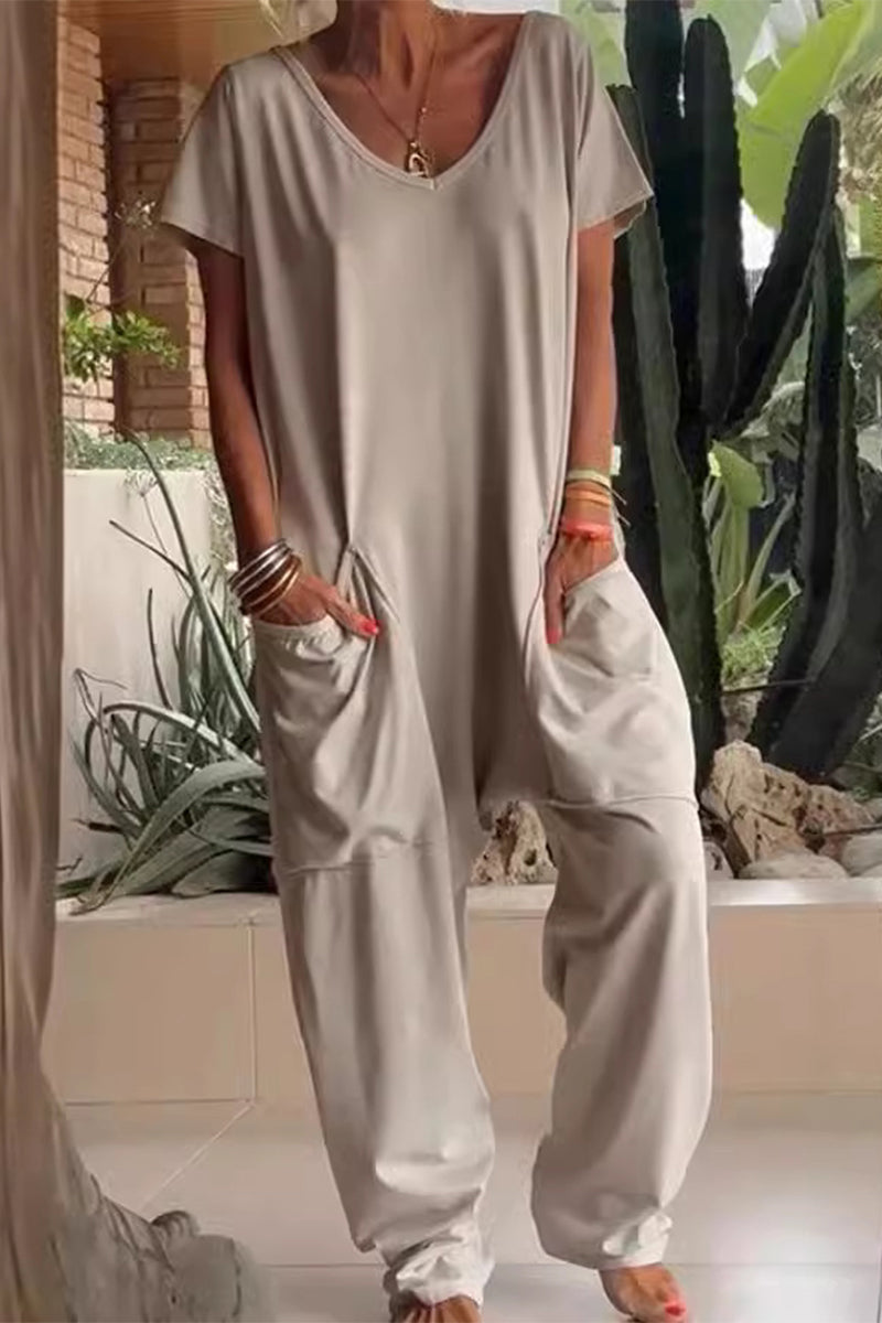 Casual Daily Solid Color Pocket V Neck Loose Jumpsuits