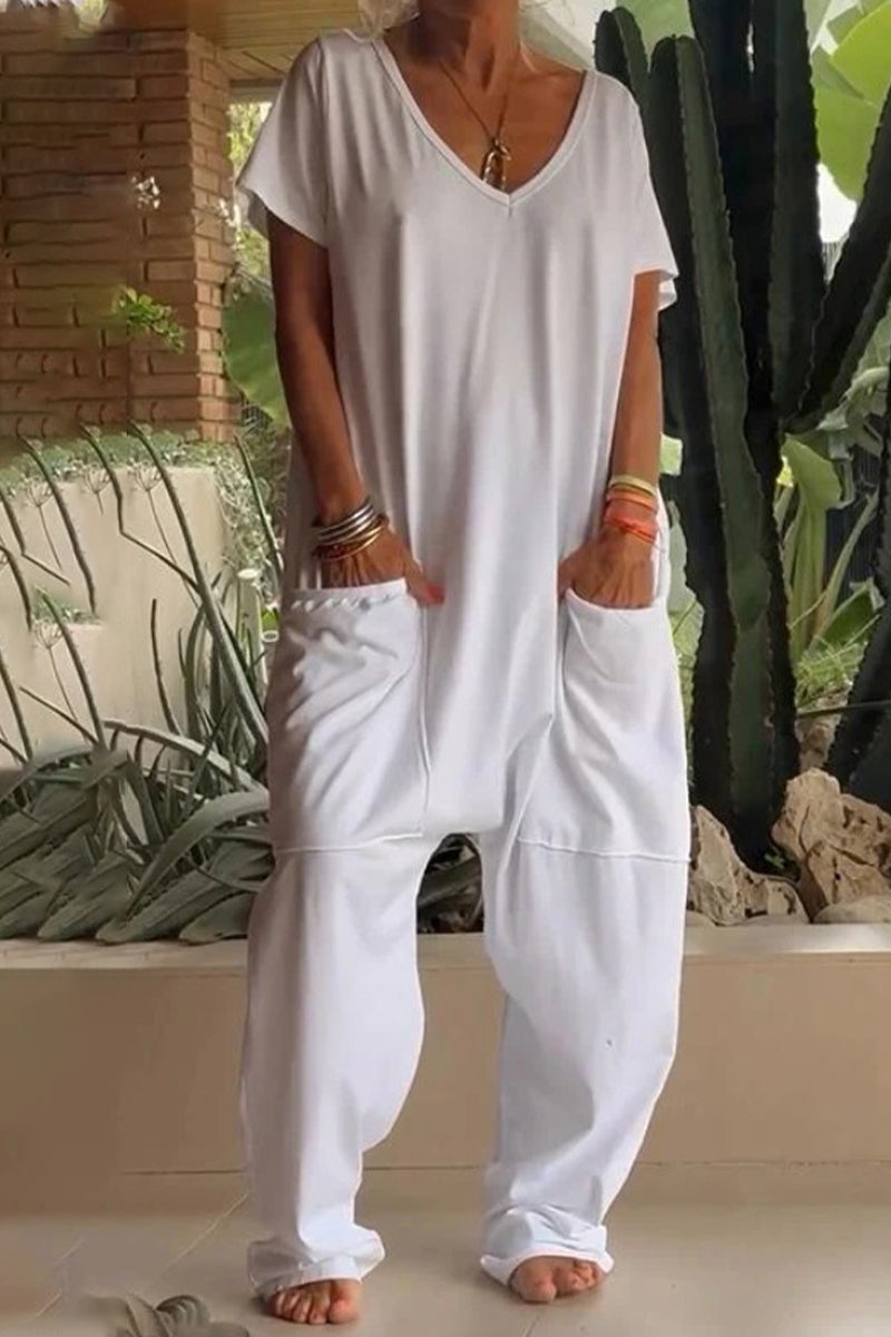 Casual Daily Solid Color Pocket V Neck Loose Jumpsuits