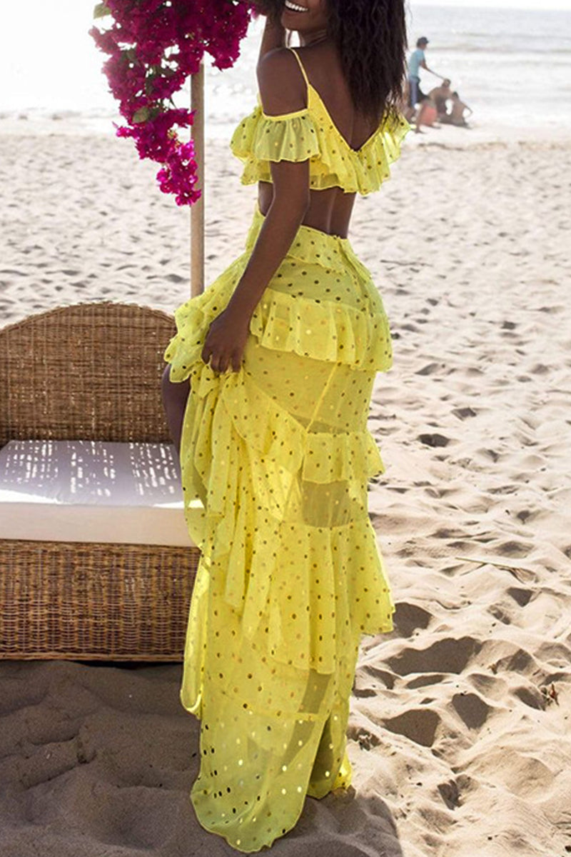 Sexy Vacation Solid Color Sequins Ruffle V Neck Beach Dresses