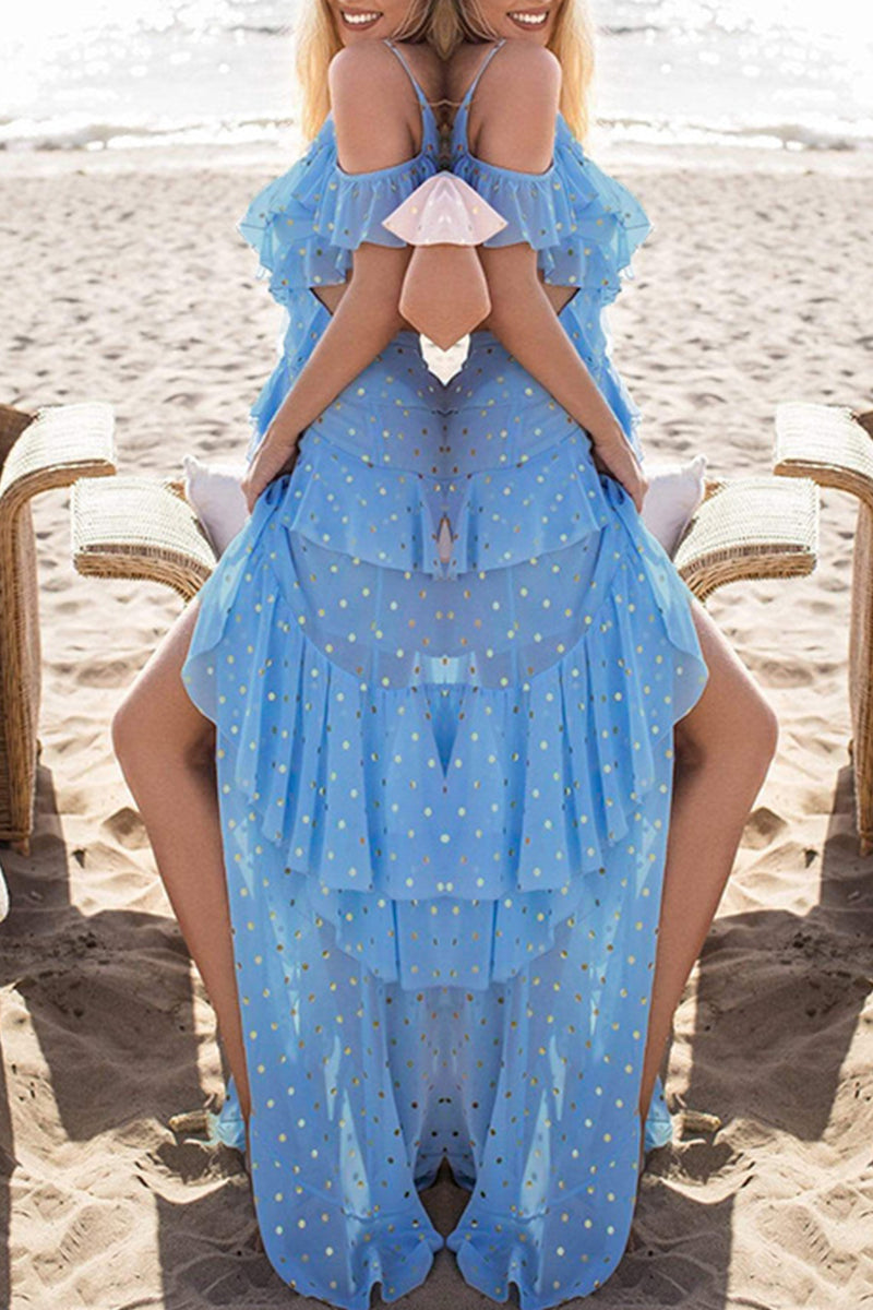 Sexy Vacation Solid Color Sequins Ruffle V Neck Beach Dresses