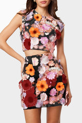 Casual Flowers Embroidery O Neck Sleeveless Two Pieces(3 Colors)