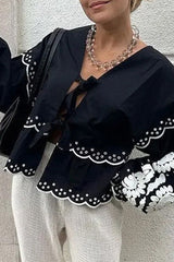 Casual Solid Color Hollow Out Lace Up Patchwork V Neck Blouses (3 Colors)