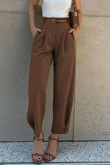 Casual Daily Solid Color Pocket With Belt Loose High Waist Harlan Solid Color Bottoms(3 Colors)