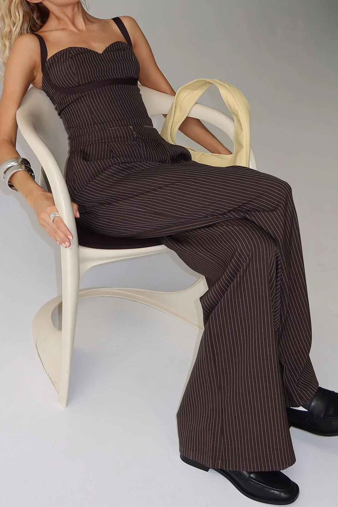 Stripes Print Cami Top And Pocket Zipper Wide Leg Trousers Set