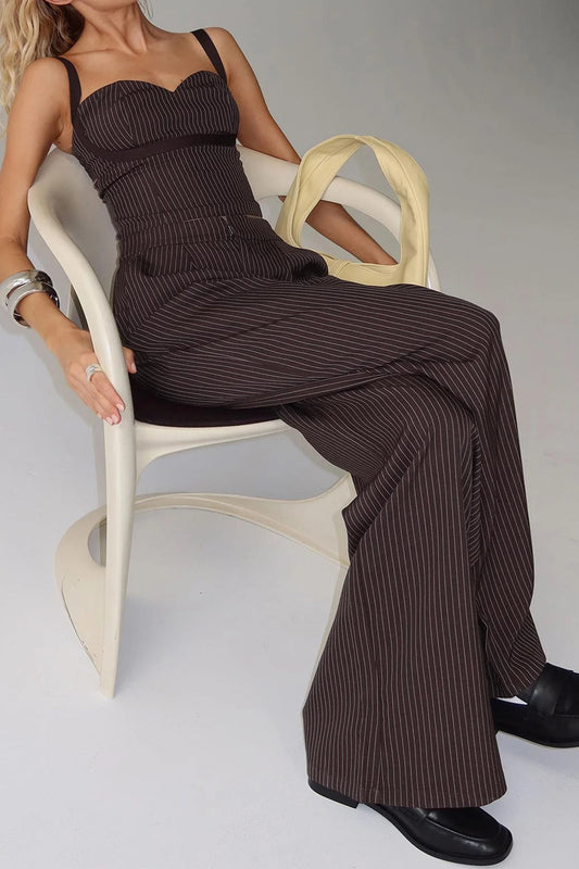 Stripes Print Cami Top And Pocket Zipper Wide Leg Trousers Set