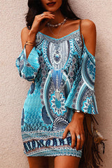 Bohemian Print Bell Sleeve Cutout Off-Shoulder Slip Dress