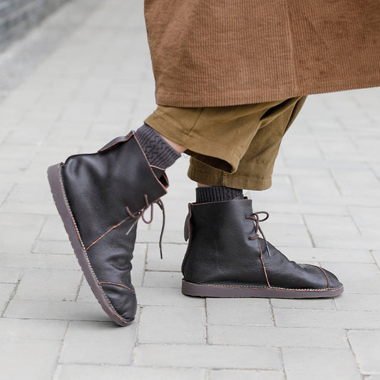 Handmade Women Calf Leather Booties Round Toe Lace-Up Flat Shoes Ankle Boots Brown/Coffee