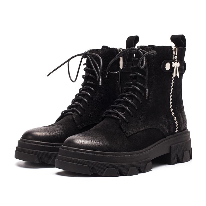 Fashion Cowhide Combat Boots Designer Retro Chunky Riding Boots Side Zip Black Matte / Black Smooth / Black Litchi