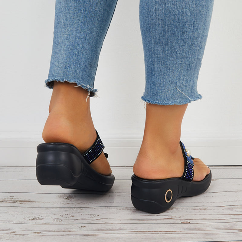 Rhinestone Flip Flop Platform Wedge Slippers Slide Sandals