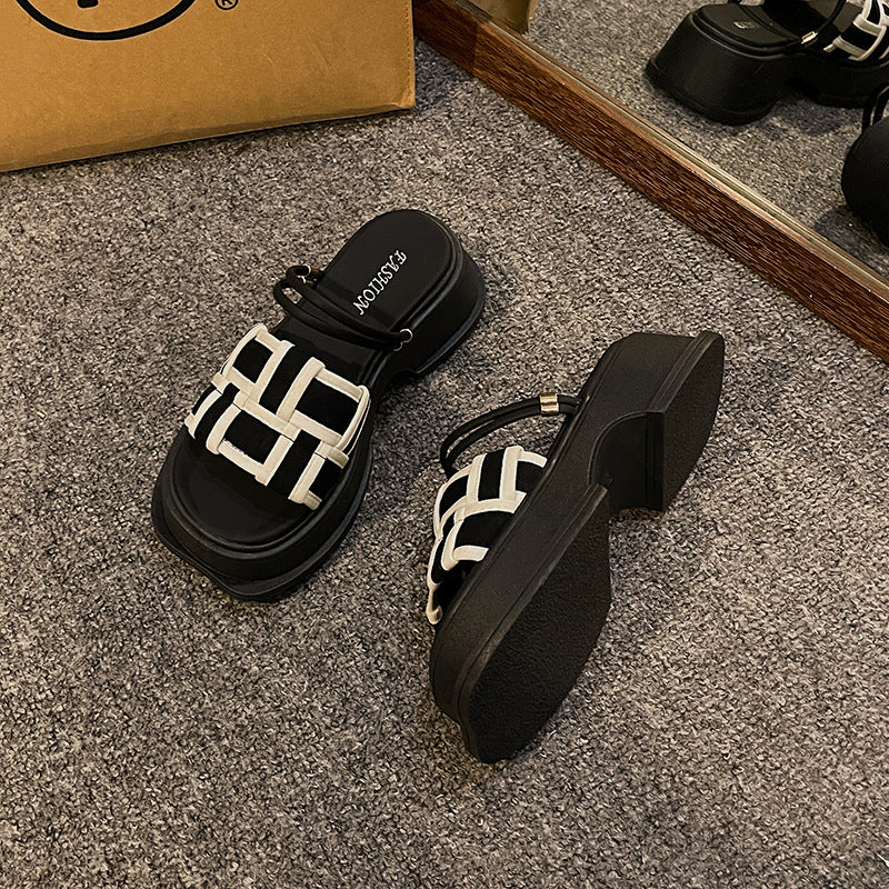 Women's Black White Plaid Outer Wear Summer Sandals