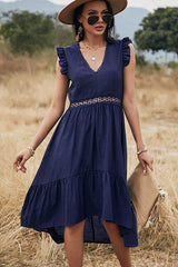 V Neck Pierced Frill Hem Midi Dress