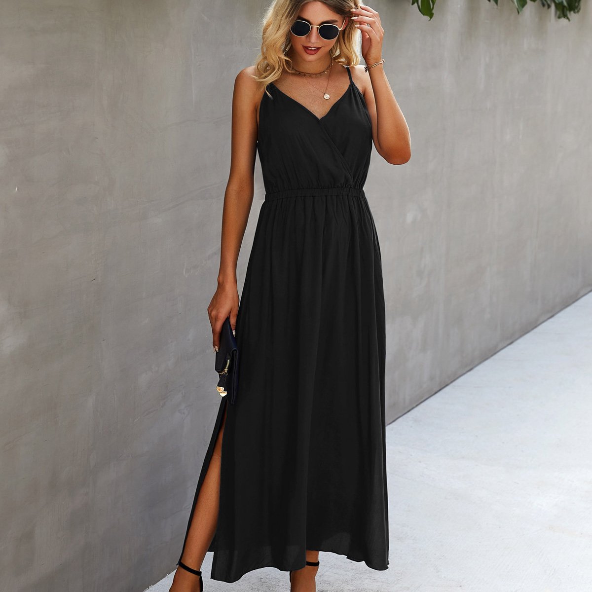 Solid Color V Neck High Waist Maxi Dress