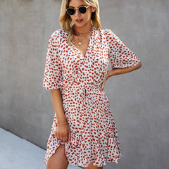 Drawstring Waist Dots Print Short Sleeve Mini Dress