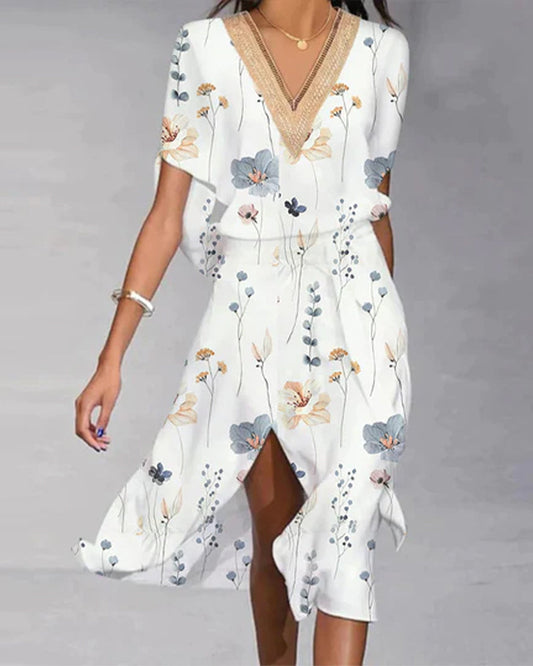 V-neck slit print dress