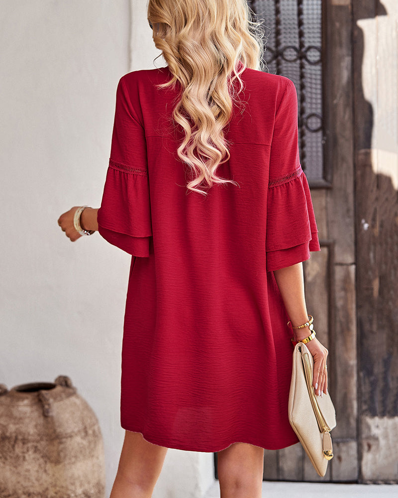 V-neck ruffle sleeve solid color dress