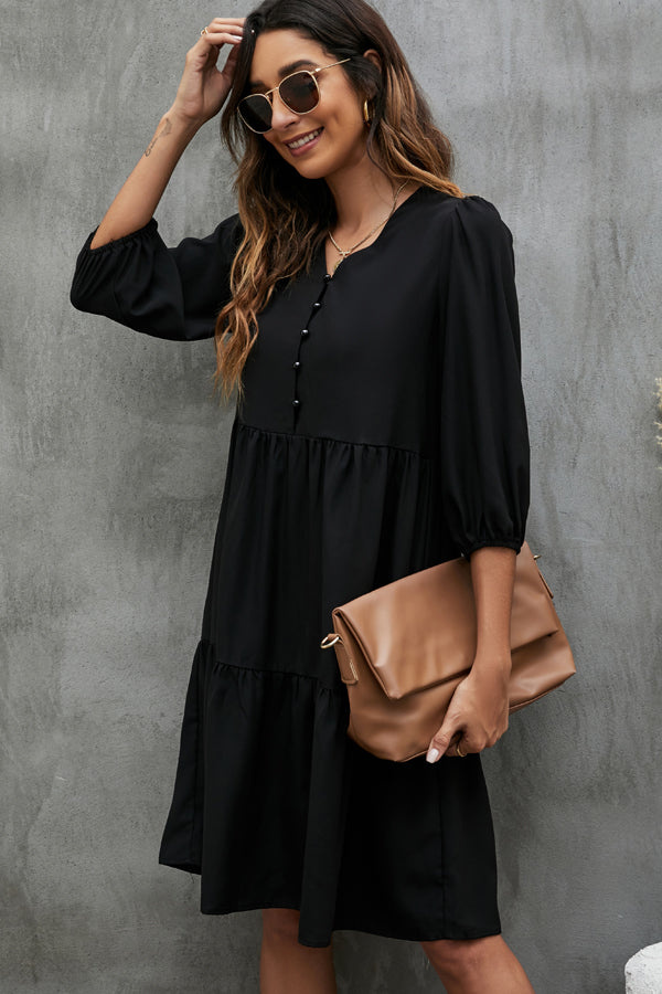 Solid Color V Neck Button Up Dress