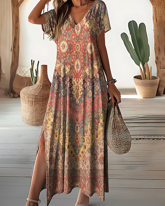 V-neck printed slit dress