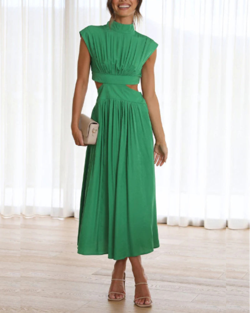 Stand collar off waist solid color long dress