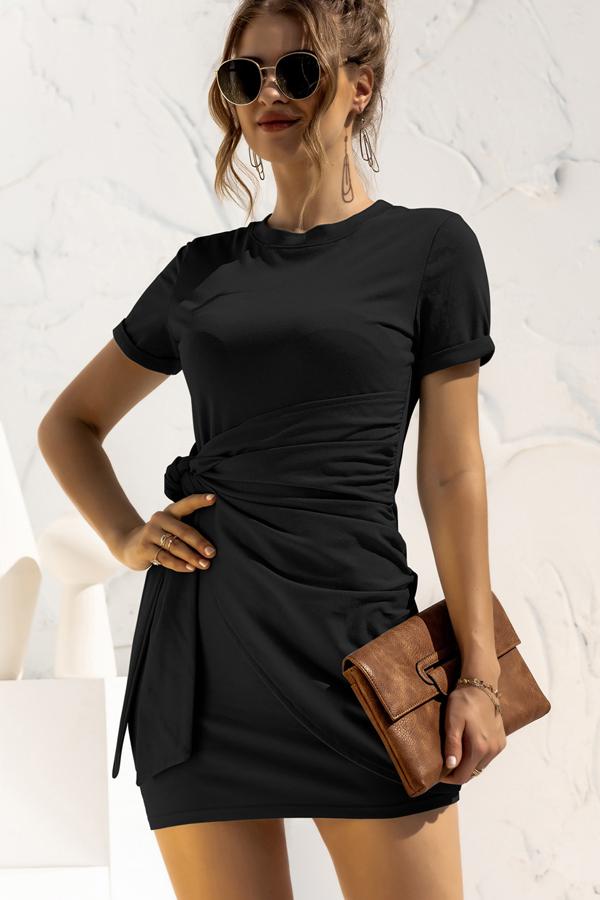 Fashion Short Sleeve Solid Color Mini Dress