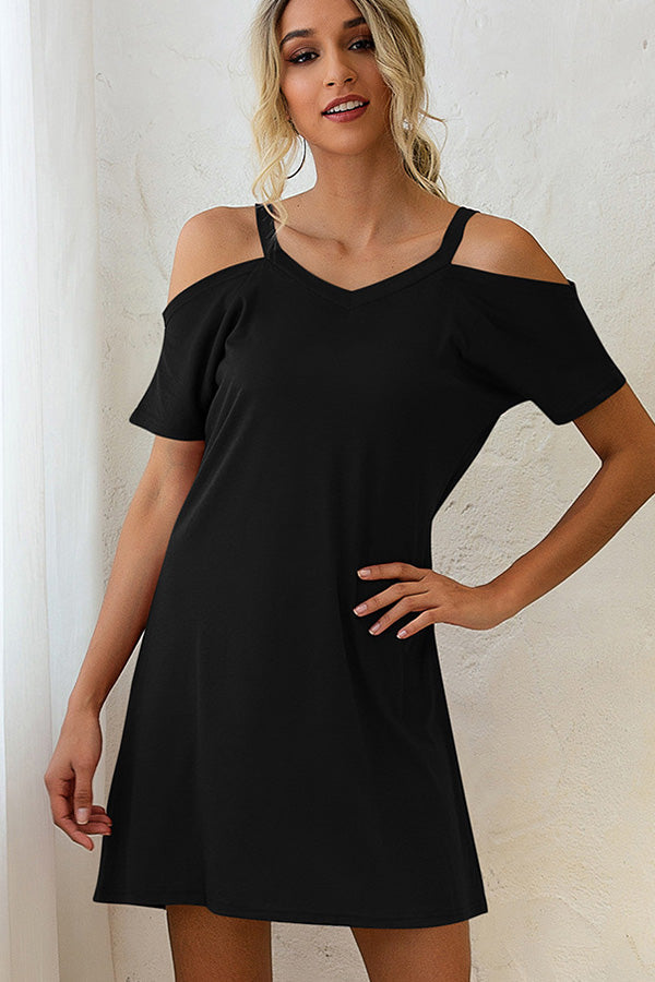 Short Sleeve V Neck Solid Mini Dress