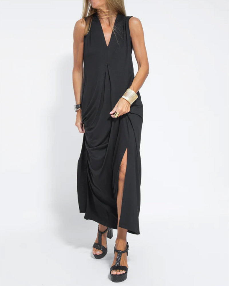 V-neck sleeveless solid color dress